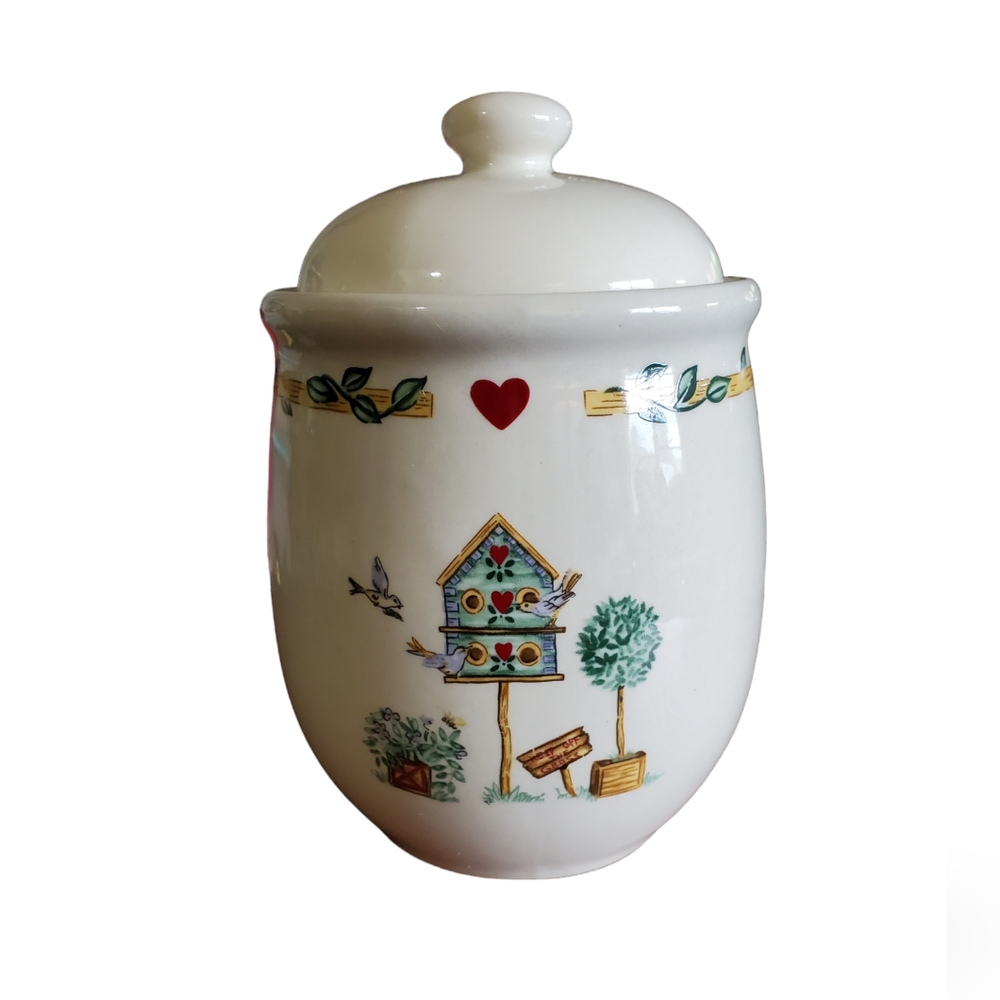 Birdhouse Canister 7" Casuals By China Pearl Bluebirds Trees ~ Pre-Owned  W/Lid - Picture 3 of 11